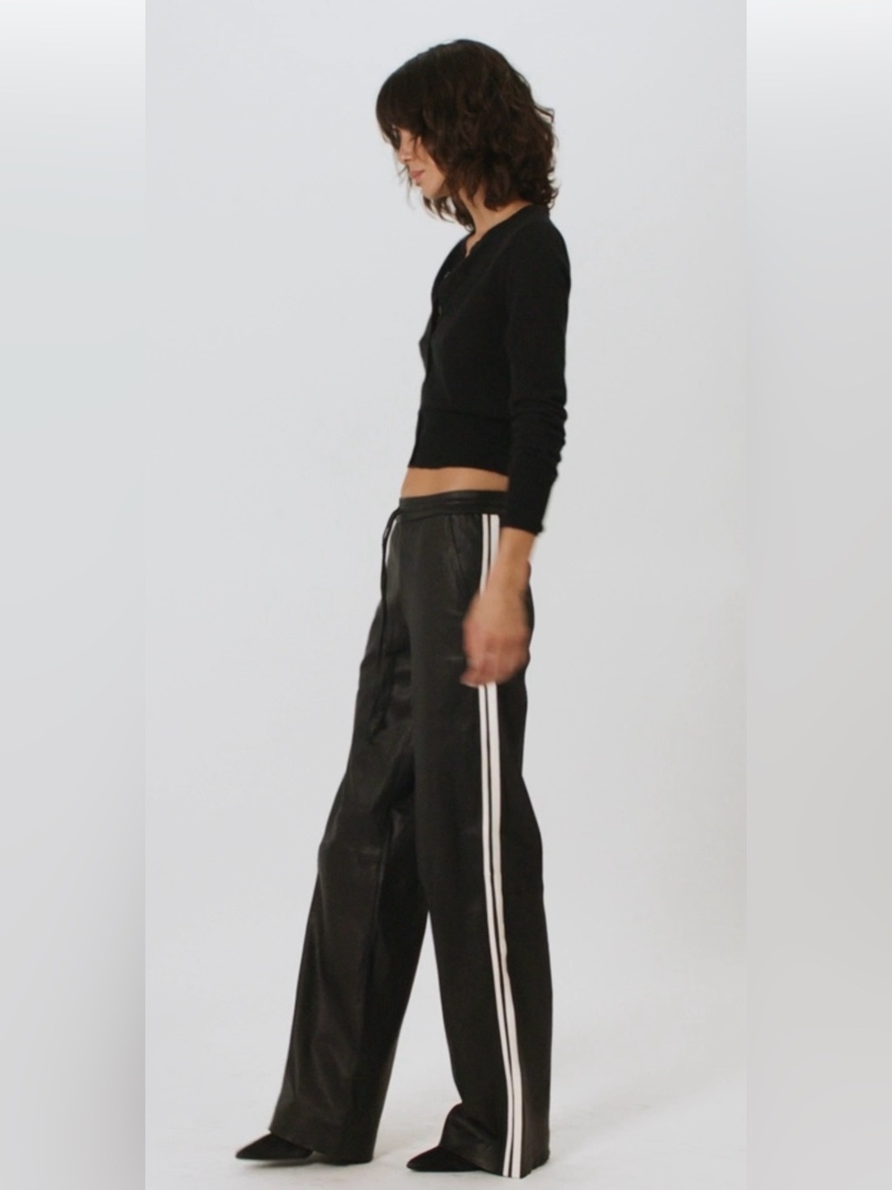 SPRWMN Women’s Black Wide-Leg Track Pants with soft gold striped. Size M. BNWT!